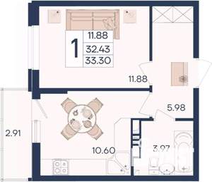 1-к квартира, вторичка, 33м2, 3/18 этаж