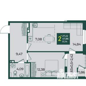 2-к квартира, вторичка, 51м2, 3/18 этаж
