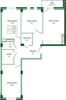 3-к квартира, сданный дом, 82м2, 1/4 этаж