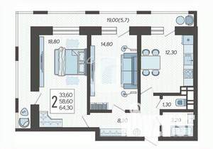 2-к квартира, вторичка, 64м2, 10/12 этаж