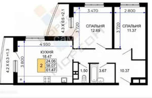 2-к квартира, вторичка, 58м2, 7/24 этаж