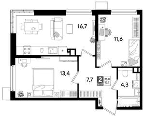 2-к квартира, строящийся дом, 54м2, 9/16 этаж