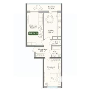 2-к квартира, вторичка, 55м2, 7/10 этаж
