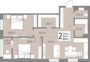 2-к квартира, вторичка, 67м2, 4/15 этаж