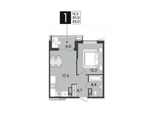 1-к квартира, строящийся дом, 43м2, 13/18 этаж