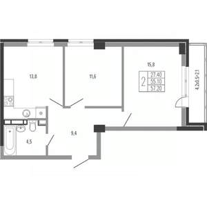 2-к квартира, вторичка, 59м2, 13/15 этаж