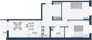 2-к квартира, вторичка, 64м2, 3/18 этаж