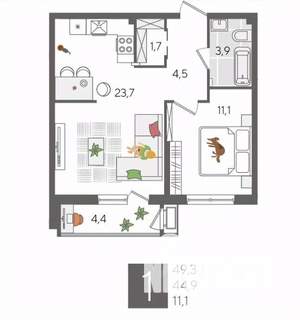 1-к квартира, вторичка, 49м2, 2/24 этаж