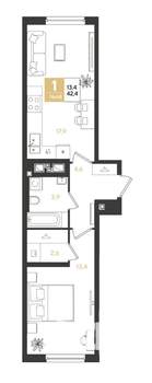1-к квартира, строящийся дом, 42м2, 8/18 этаж