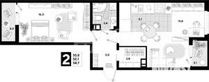 2-к квартира, вторичка, 55м2, 8/16 этаж