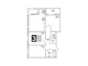 3-к квартира, вторичка, 74м2, 2/16 этаж