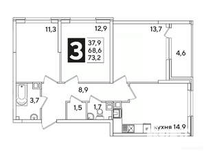 3-к квартира, вторичка, 73м2, 5/16 этаж