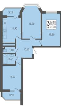 3-к квартира, строящийся дом, 77м2, 14/22 этаж