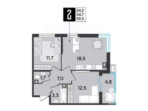 2-к квартира, строящийся дом, 60м2, 6/9 этаж