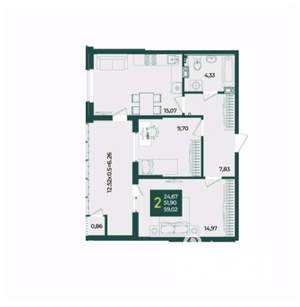 2-к квартира, вторичка, 59м2, 15/18 этаж