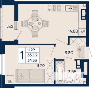 1-к квартира, вторичка, 34м2, 6/18 этаж