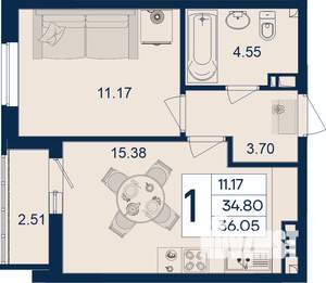 1-к квартира, вторичка, 36м2, 8/18 этаж