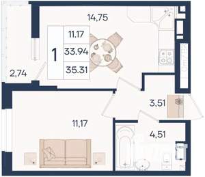 1-к квартира, вторичка, 35м2, 7/18 этаж