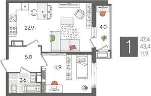 1-к квартира, вторичка, 47м2, 19/24 этаж