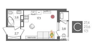 Студия квартира, вторичка, 27м2, 23/24 этаж