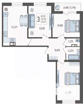 3-к квартира, вторичка, 74м2, 19/19 этаж
