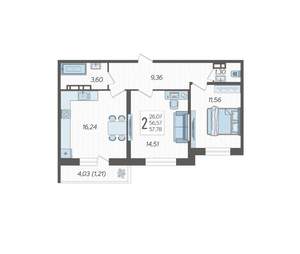 2-к квартира, вторичка, 58м2, 2/12 этаж