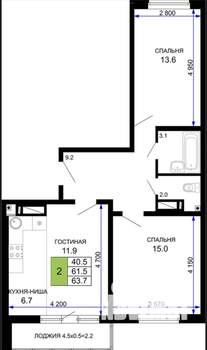 2-к квартира, сданный дом, 64м2, 19/24 этаж