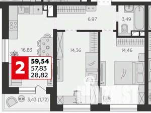 2-к квартира, вторичка, 60м2, 5/9 этаж