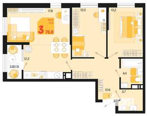 3-к квартира, вторичка, 77м2, 11/18 этаж