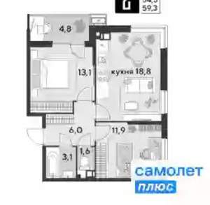 2-к квартира, вторичка, 59м2, 6/9 этаж