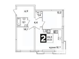 2-к квартира, вторичка, 61м2, 4/16 этаж