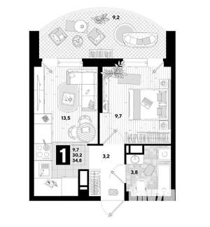 1-к квартира, вторичка, 31м2, 7/17 этаж