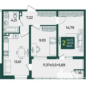 2-к квартира, вторичка, 56м2, 7/18 этаж