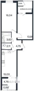 2-к квартира, вторичка, 62м2, 2/18 этаж