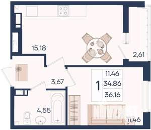 1-к квартира, вторичка, 36м2, 7/18 этаж