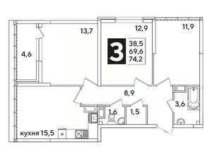 3-к квартира, вторичка, 74м2, 16/16 этаж
