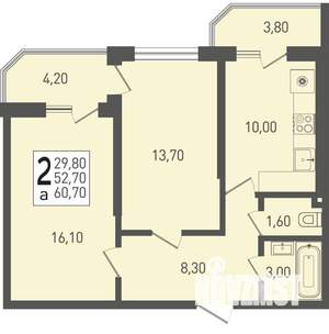 2-к квартира, строящийся дом, 61м2, 13/22 этаж
