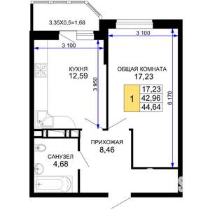 1-к квартира, вторичка, 45м2, 9/19 этаж