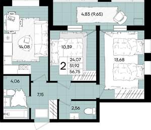 2-к квартира, вторичка, 57м2, 3/18 этаж