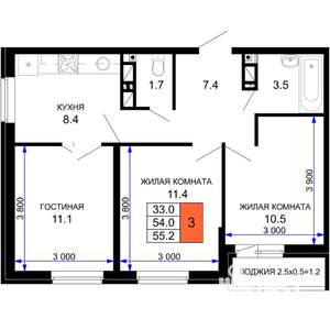 3-к квартира, строящийся дом, 55м2, 6/16 этаж