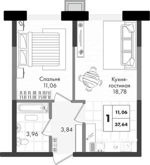 1-к квартира, вторичка, 38м2, 4/9 этаж