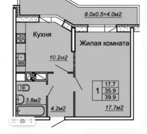1-к квартира, вторичка, 36м2, 8/17 этаж