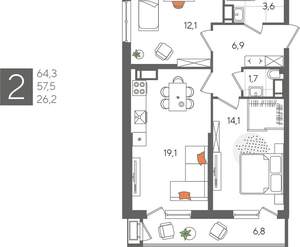 2-к квартира, строящийся дом, 64м2, 22/24 этаж