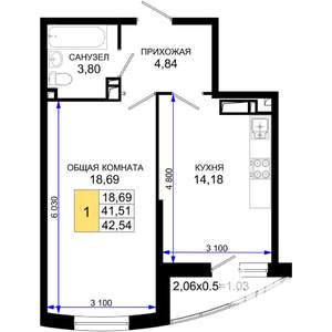 1-к квартира, строящийся дом, 43м2, 16/19 этаж