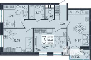 3-к квартира, вторичка, 68м2, 2/21 этаж