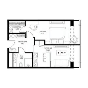 2-к квартира, вторичка, 47м2, 10/19 этаж