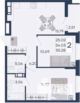2-к квартира, вторичка, 55м2, 17/18 этаж
