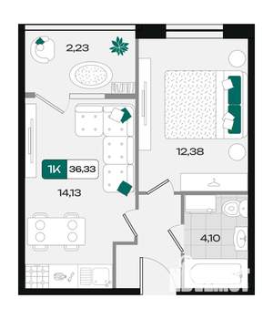 1-к квартира, вторичка, 36м2, 4/18 этаж