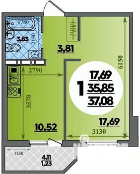 1-к квартира, строящийся дом, 37м2, 3/16 этаж