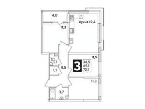 3-к квартира, вторичка, 73м2, 6/16 этаж